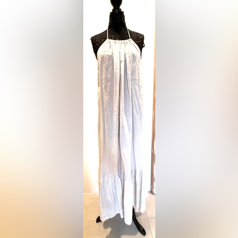 NWT Made in Italy Elegant oatmeal colored linen Halter Maxi Dress